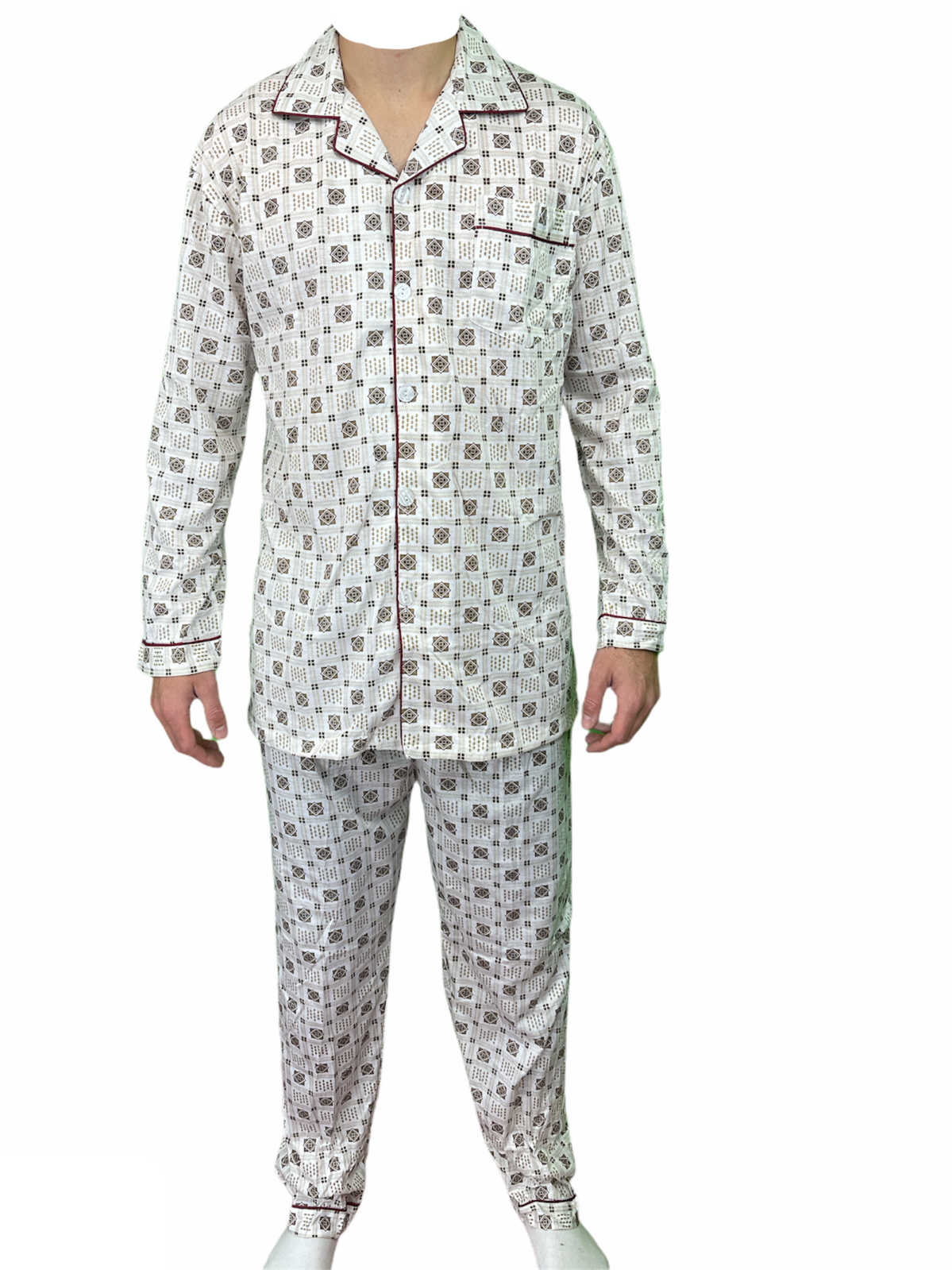 Mens Cotton Pyjama Set Long Sleeve Button Shirt Pants Sleepwear PJ - White/Brown - L