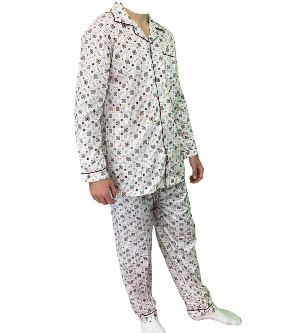 Mens Cotton Pyjama Set Long Sleeve Button Shirt Pants Sleepwear PJ - White/Brown - L