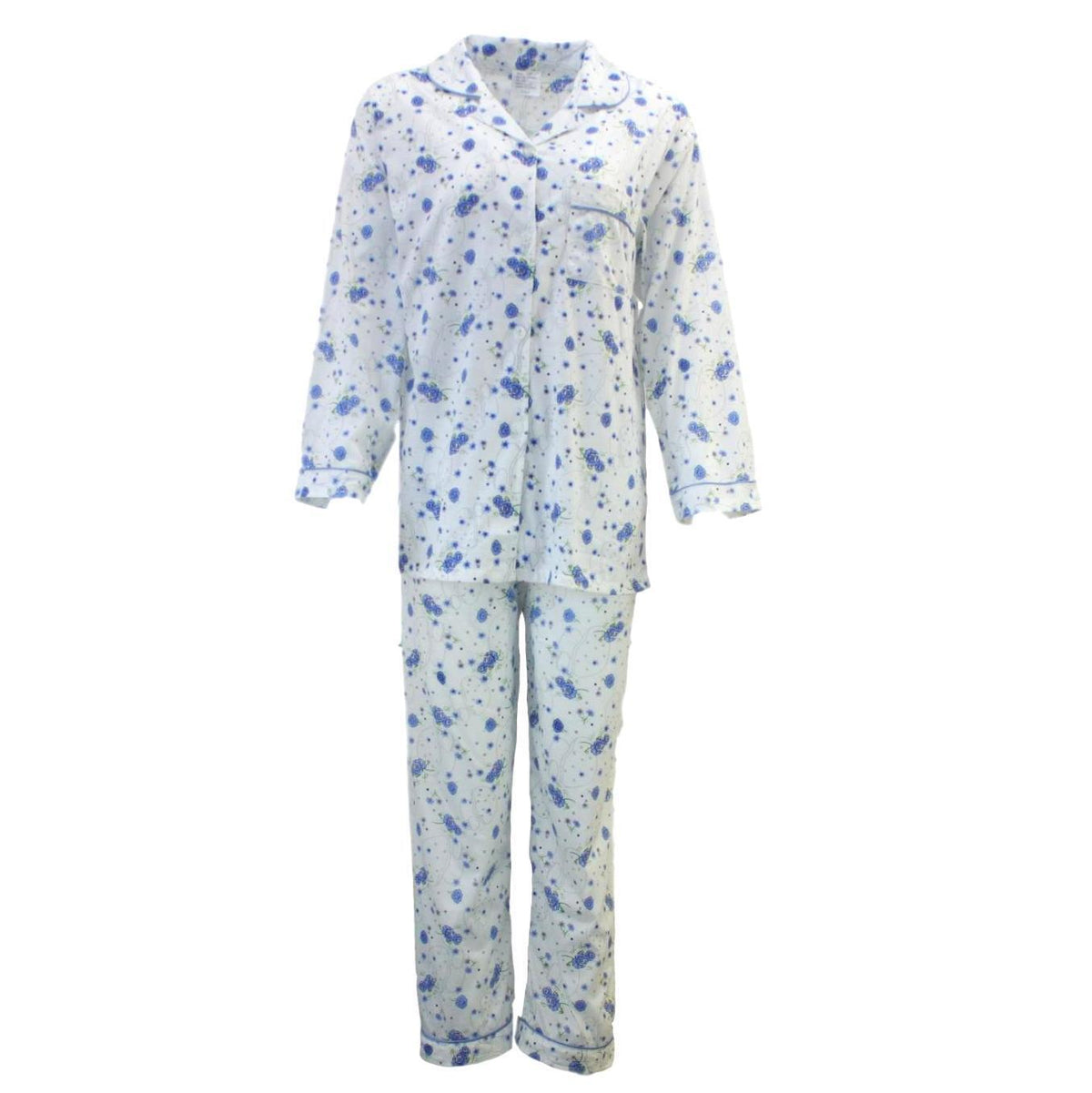 Womens Pyjama Set 100% Cotton Long Sleeve Button Up PJs Sleepwear - Blue Floral - 14