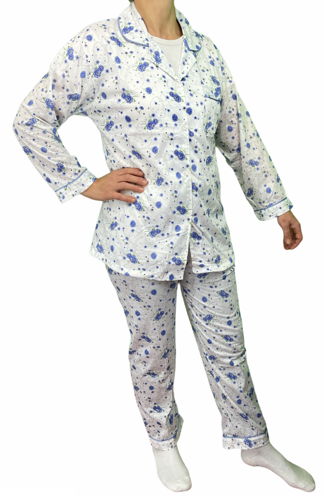 Womens Pyjama Set 100% Cotton Long Sleeve Button Up PJs Sleepwear - Blue Floral - 18