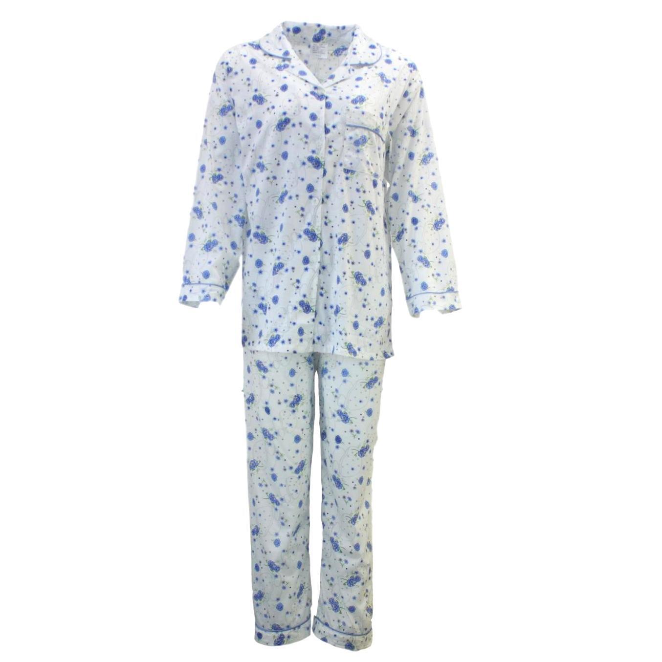 Womens Pyjama Set 100% Cotton Long Sleeve Button Up PJs Sleepwear - Blue Floral - 20