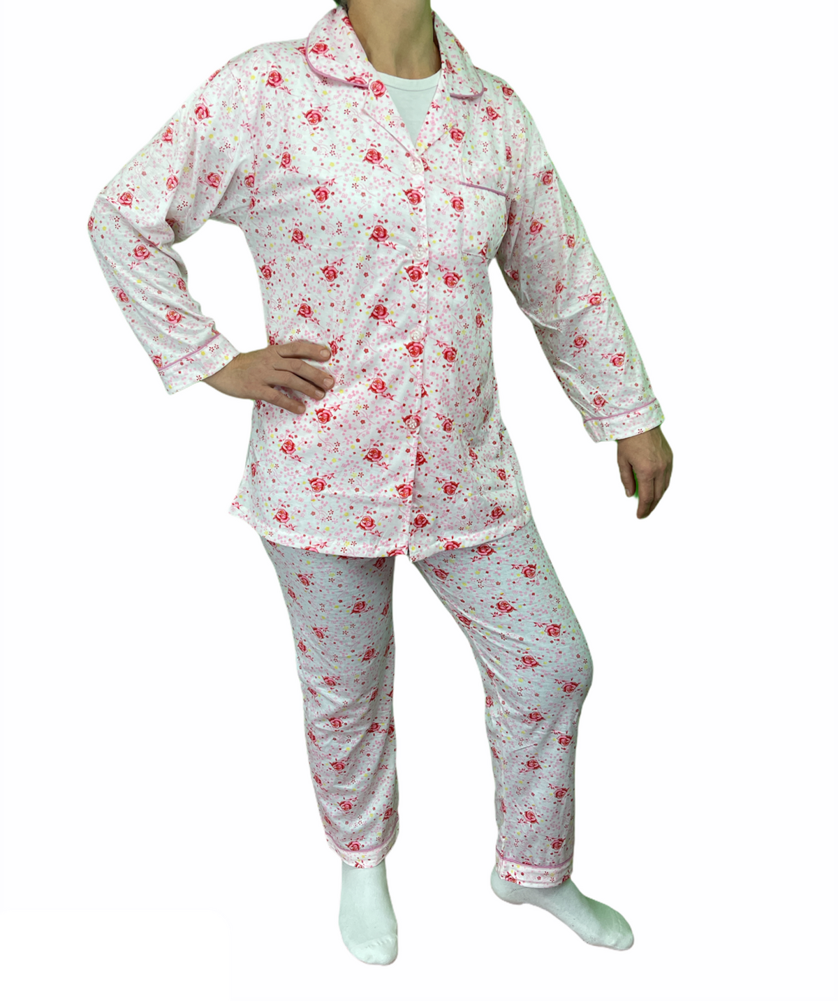 Womens Pyjama Set 100% Cotton Long Sleeve Button Up PJs Sleepwear - Pink Floral - 14
