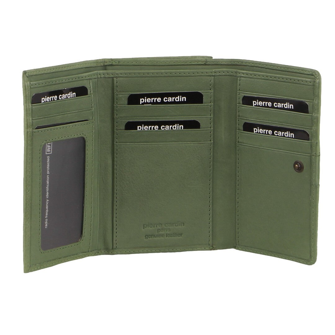 Pierre Cardin Leather Ladies Leather Woven Design Tri-fold Wallet in Leaf Green