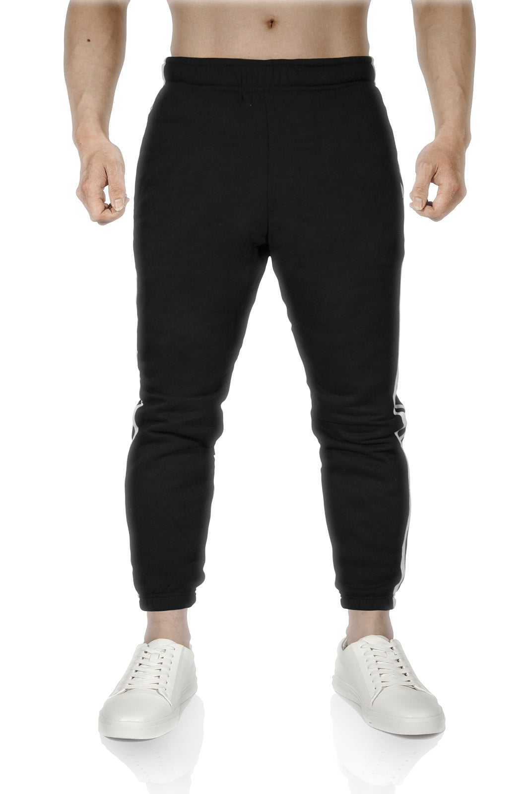 Mens Fleece Track Pants Skinny Joggers Slim Fit Sweatpants Gym - Black - M