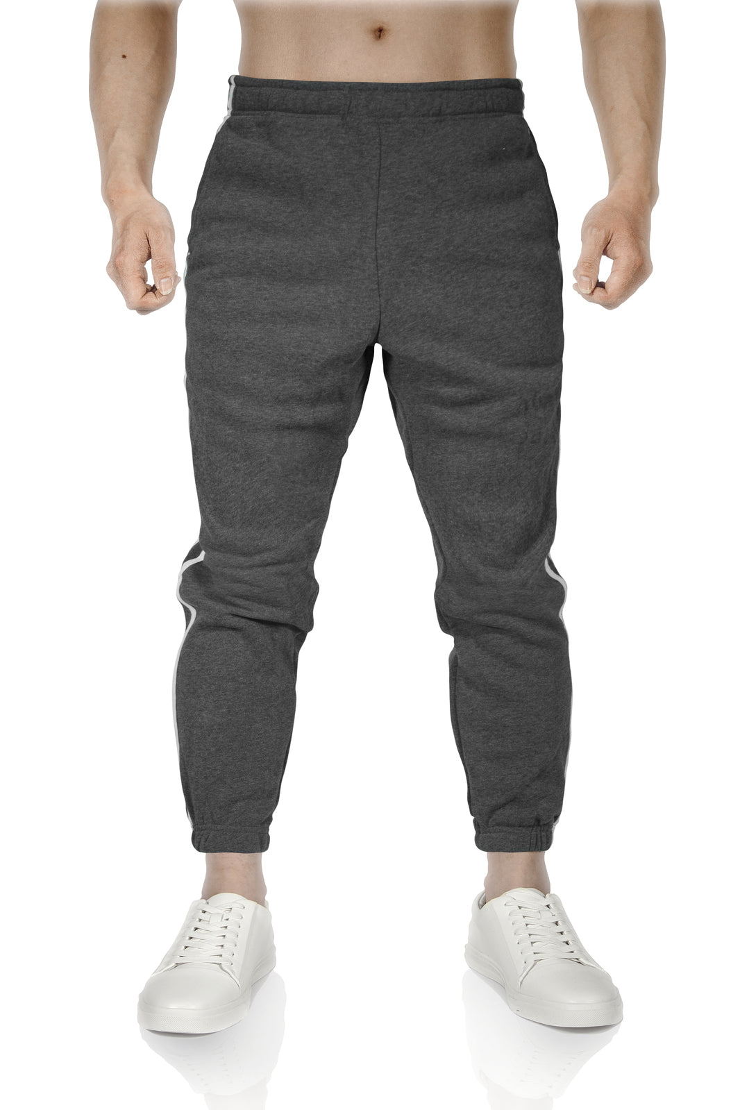 Mens Fleece Track Pants Skinny Joggers Slim Fit Sweatpants Gym - Charcoal Marle - L