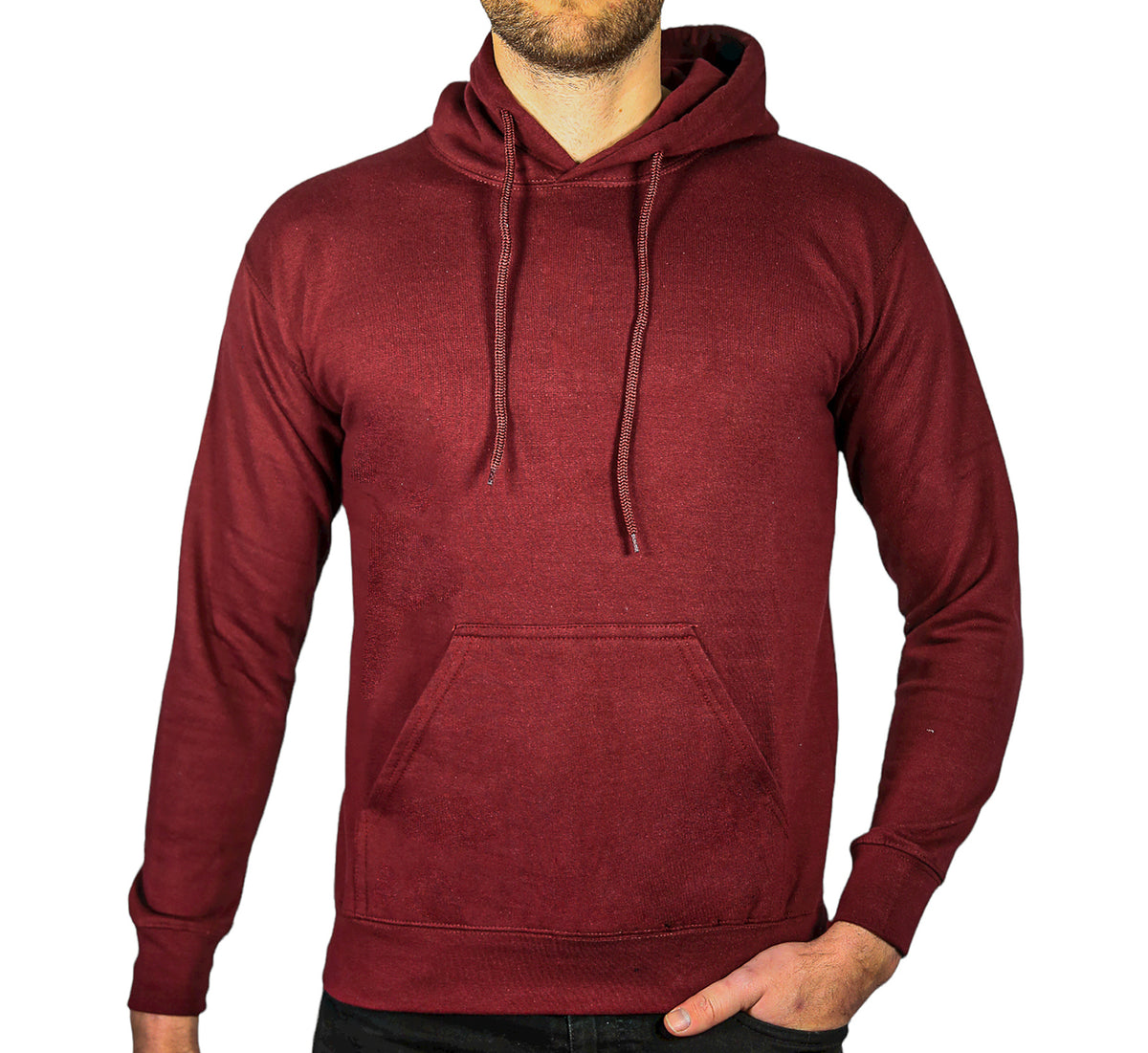 Mens Hoodie 100% Cotton Fleece Pullover Sweatshirt Warm Jumper - Maroon/Burgundy - S