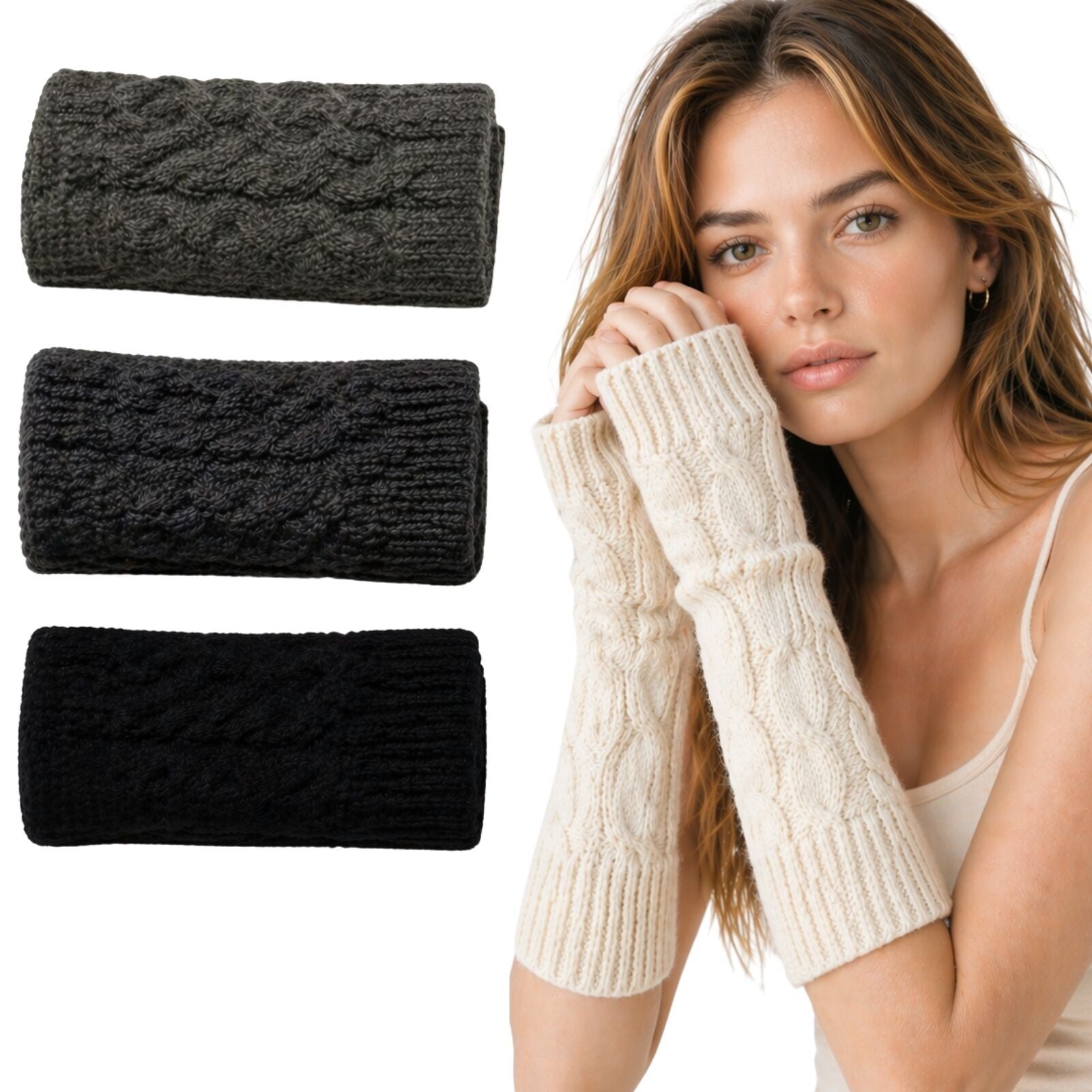 Womens Fingerless Arm Warmers Knitted 20cm Short Gloves Winter  -  Random Colour