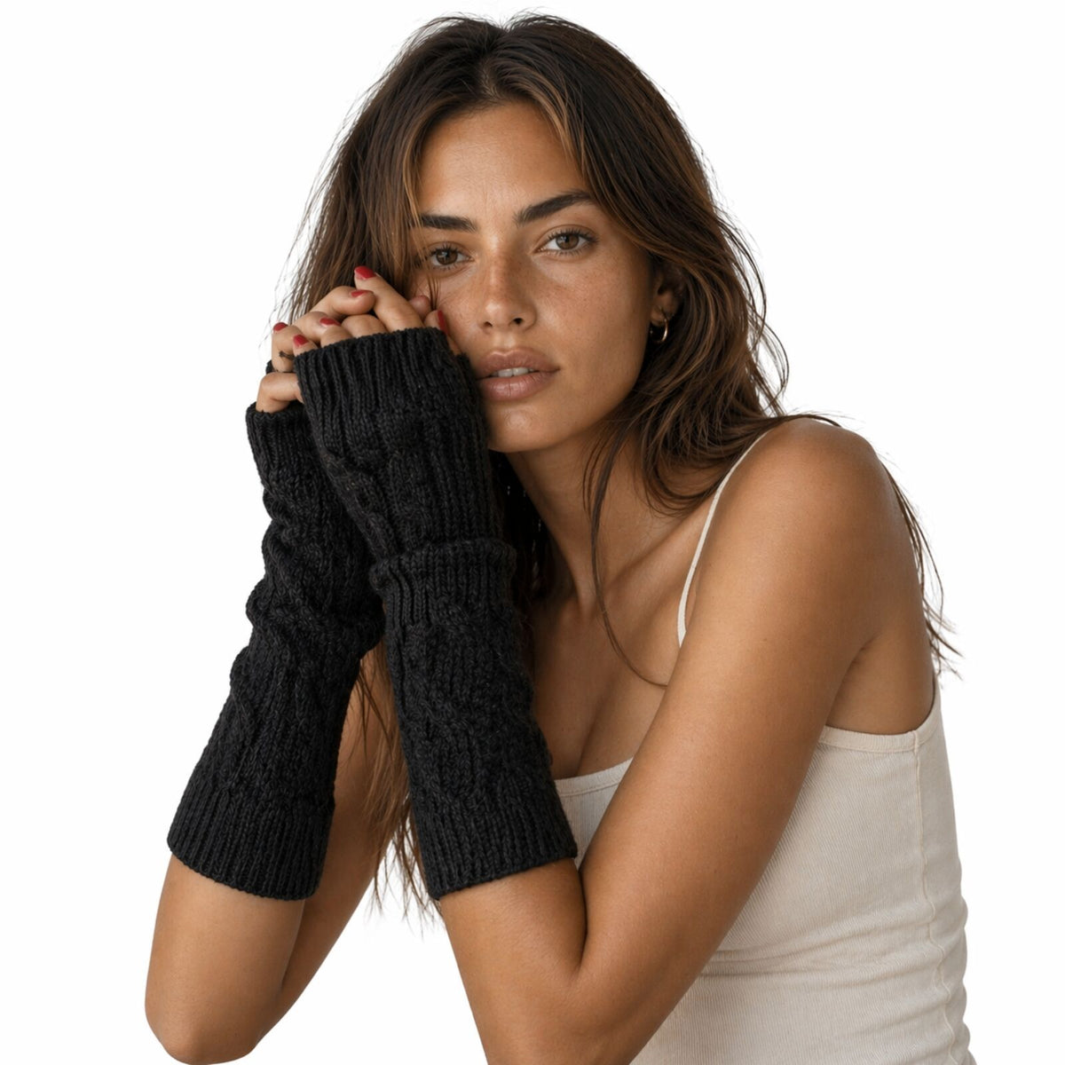 Womens Fingerless Arm Warmers Knitted 20cm Short Gloves Winter  -  Random Colour
