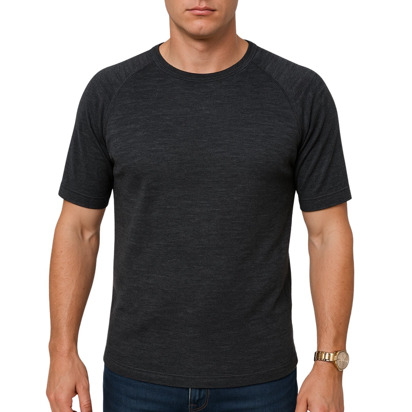 Mens Merino Wool Blend Thermal Top Short Sleeve Base Layer Warm - Black - S