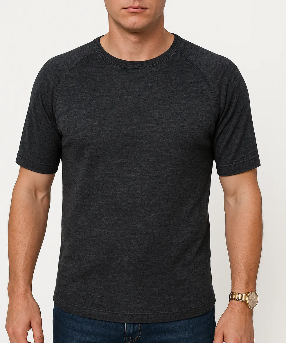 Mens Merino Wool Blend Thermal Top Short Sleeve Base Layer Warm - Black - S