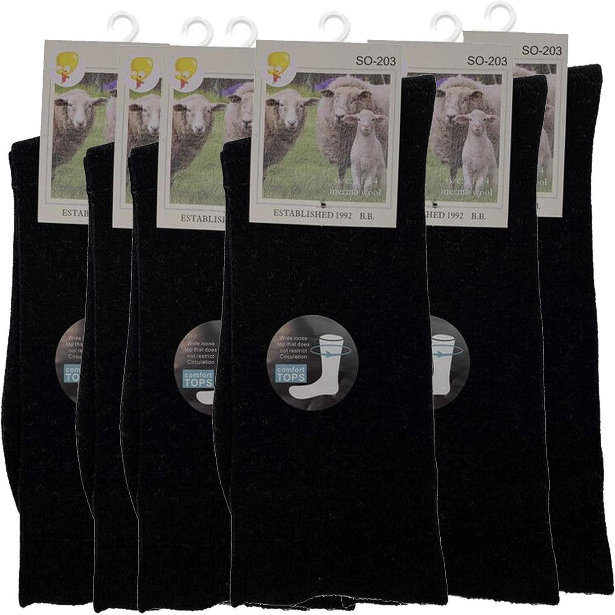 Merino Wool Mens Thermal Diabetic Socks Loose Top Circulation 6 Pairs - Black - 7-11