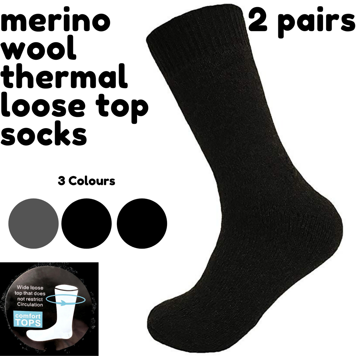 Merino Wool Mens Thermal Diabetic Socks Loose Top Circulation 2 Pairs - Grey - 11-14