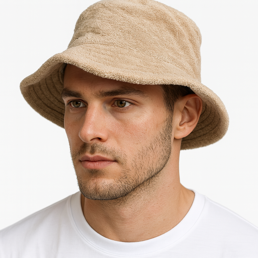 Stingy Brim Terry Towelling Bucket Hat Daggy Fishing Camping Lad Cap 100% COTTON - Beige - S/M