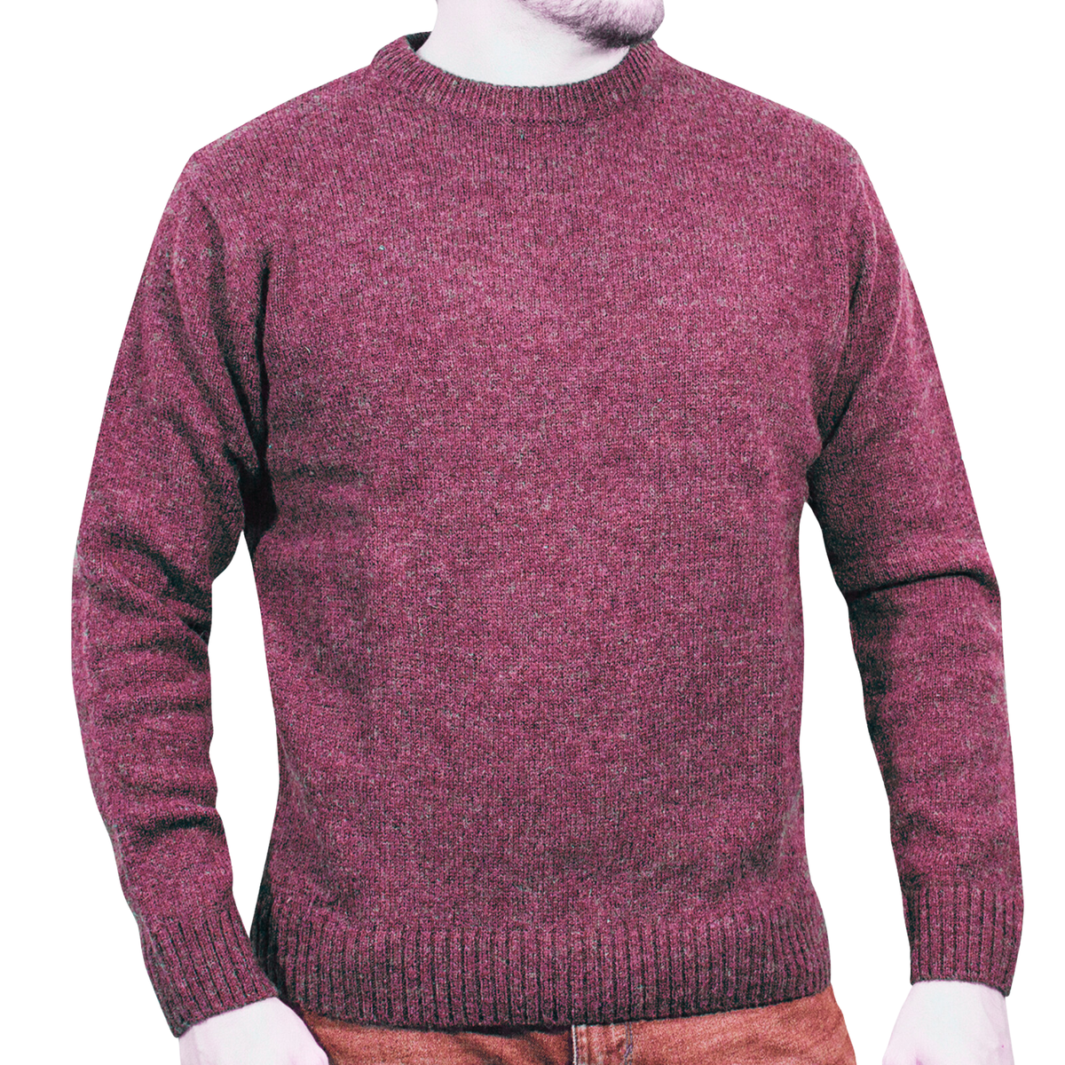 100% SHETLAND RAGG WOOL CREW Round Neck Knit JUMPER Pullover Mens Sweater Knitted - Burgundy - S
