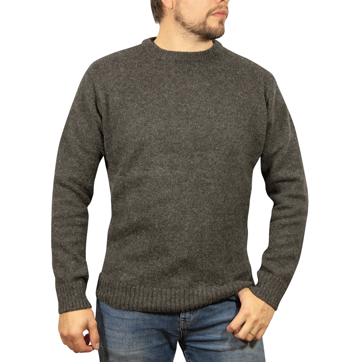 Mens 100% Shetland Ragg Wool Round Neck Knit Jumper Pullover Crew Sweater - Charcoal - M