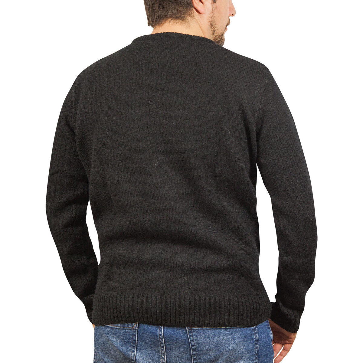 100% SHETLAND RAGG WOOL CREW Round Neck Knit JUMPER Pullover Mens Sweater Knitted - Plain Black - 6XL