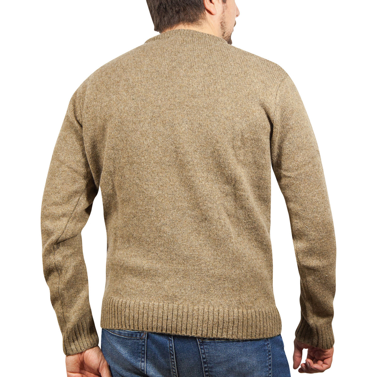 100% SHETLAND RAGG WOOL CREW Round Neck Knit JUMPER Pullover Mens Sweater Knitted - Nutmeg - XL