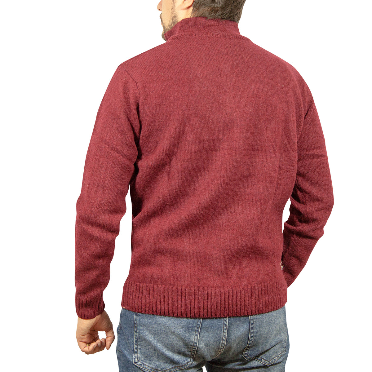 100% SHETLAND RAGG WOOL Half Zip Up Knit JUMPER Pullover Mens Sweater Knitted - Burgundy - S