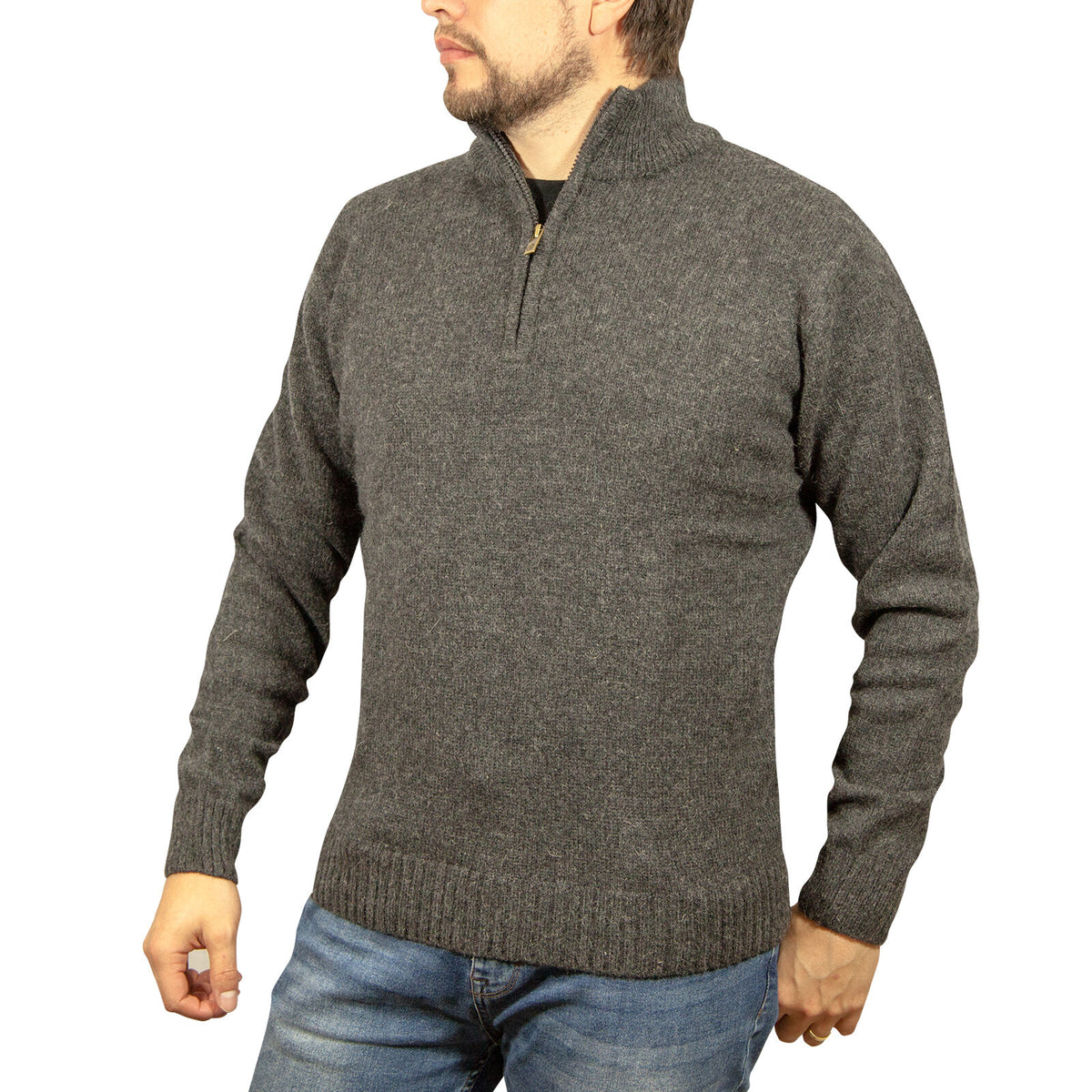 100% SHETLAND RAGG WOOL Half Zip Up Knit JUMPER Pullover Mens Sweater Knitted - Charcoal - M