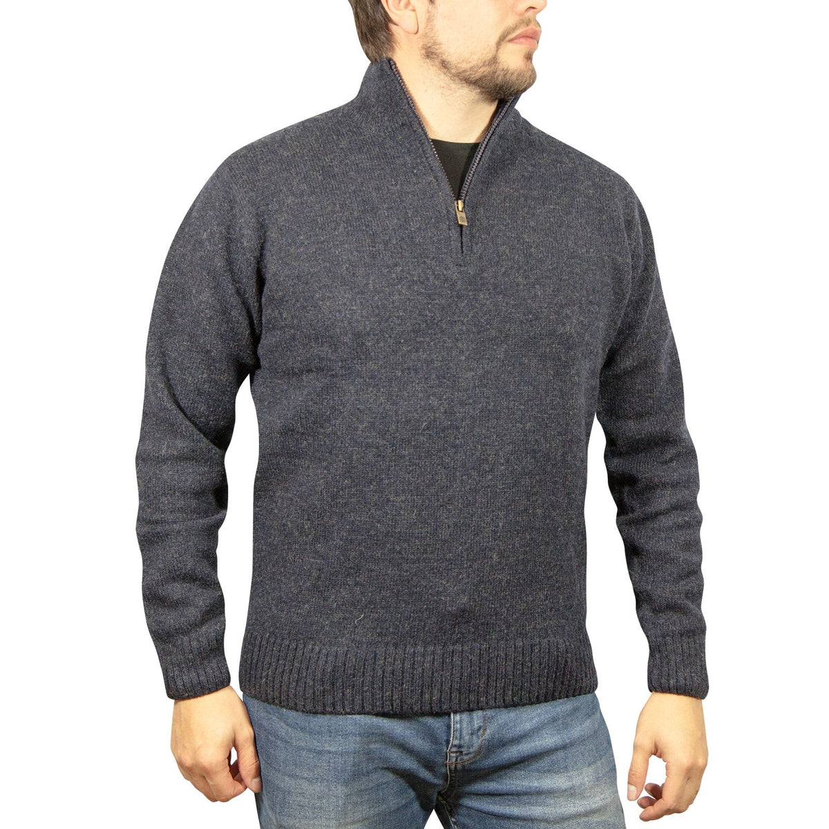 100% SHETLAND RAGG WOOL Half Zip Up Knit JUMPER Pullover Mens Sweater Knitted - Denim Blue - 6XL