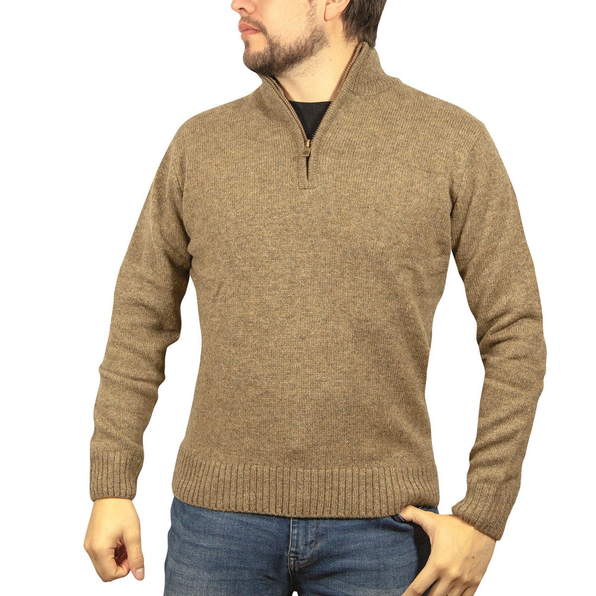 100% SHETLAND RAGG WOOL Half Zip Up Knit JUMPER Pullover Mens Sweater Knitted - Nutmeg - M