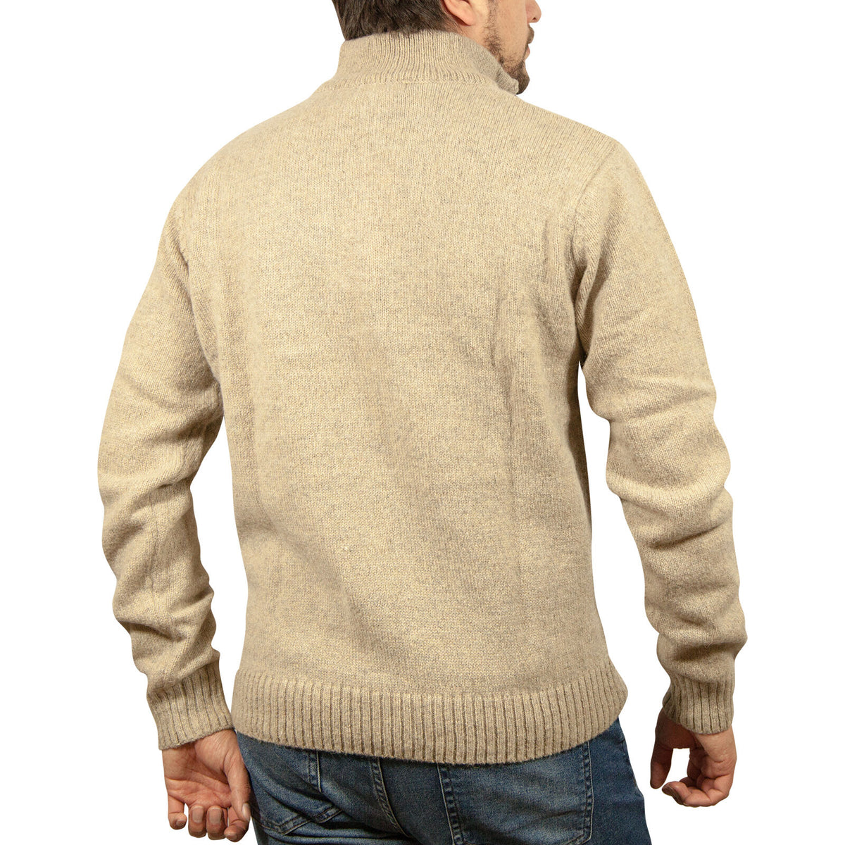 100% SHETLAND RAGG WOOL Half Zip Up Knit JUMPER Pullover Mens Sweater Knitted - Oat Marle - L