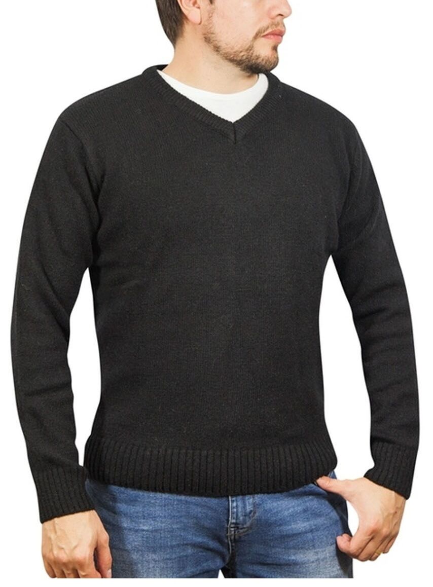 100% Shetland Ragg Wool V Neck Knit Jumper Pullover Mens Sweater Knitted - Plain Black - 5XL