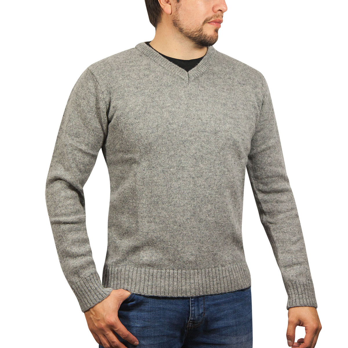 100% Shetland Ragg Wool V Neck Knit Jumper Pullover Mens Sweater Knitted - Grey - XL