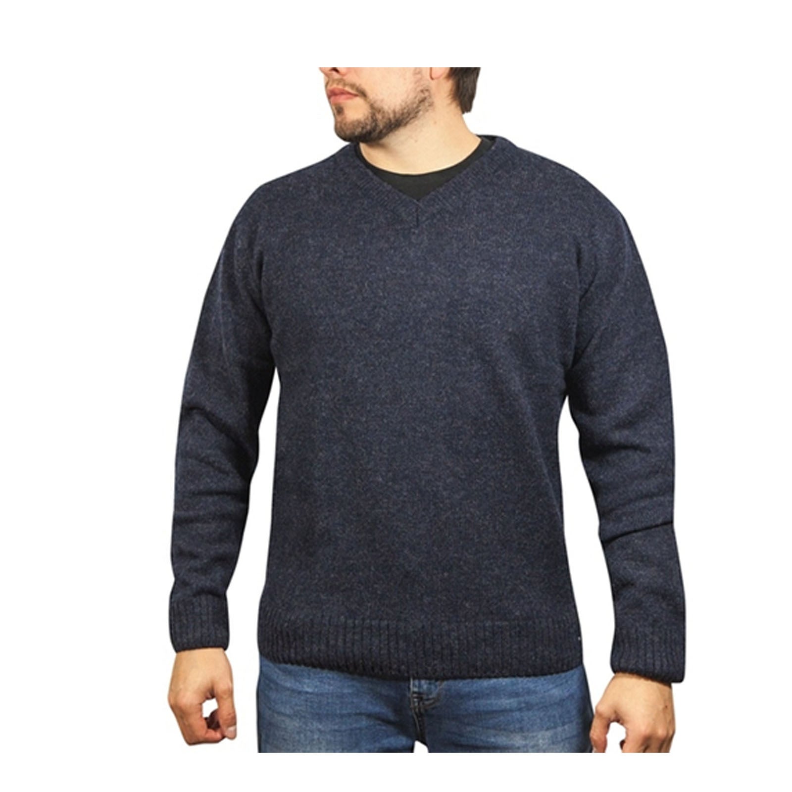 100% Shetland Ragg Wool V Neck Knit Jumper Pullover Mens Sweater Knitted - Navy - S