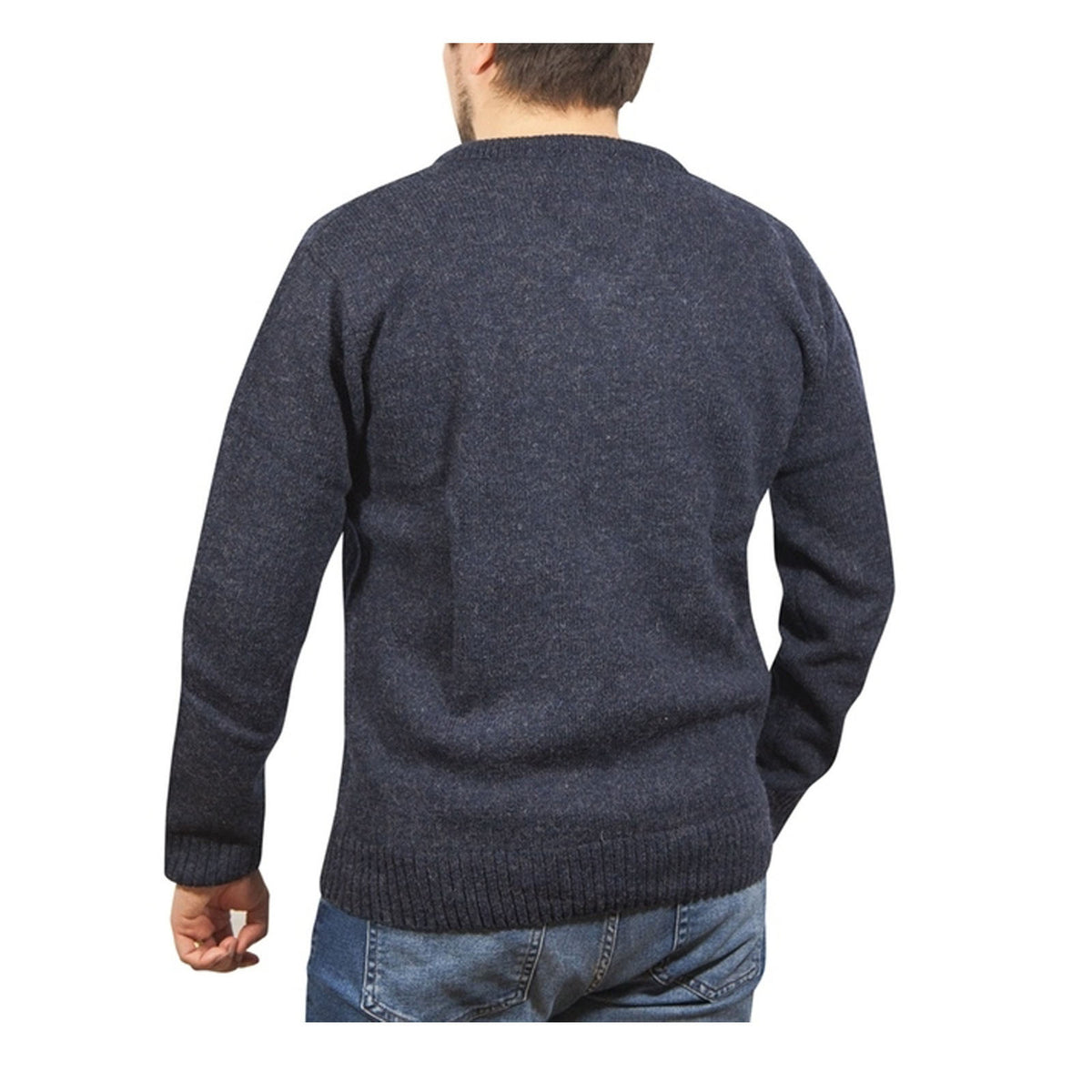 100% Shetland Ragg Wool V Neck Knit Jumper Pullover Mens Sweater Knitted - Navy - S