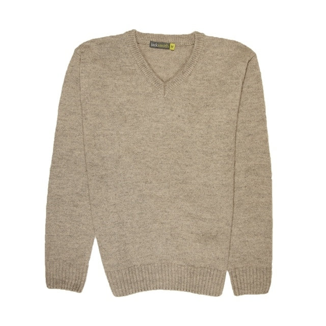 100% Shetland Ragg Wool V Neck Knit Jumper Pullover Mens Sweater Knitted - Oat Marle - L