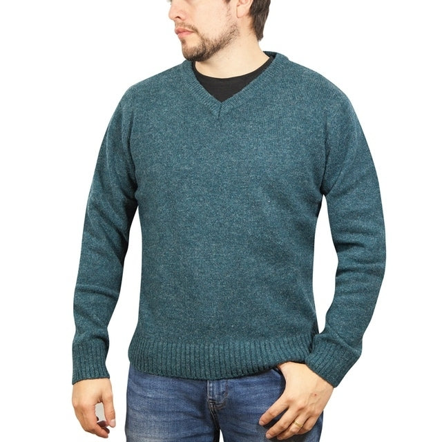 100% Shetland Ragg Wool V Neck Knit Jumper Pullover Mens Sweater Knitted - Sherwood - S