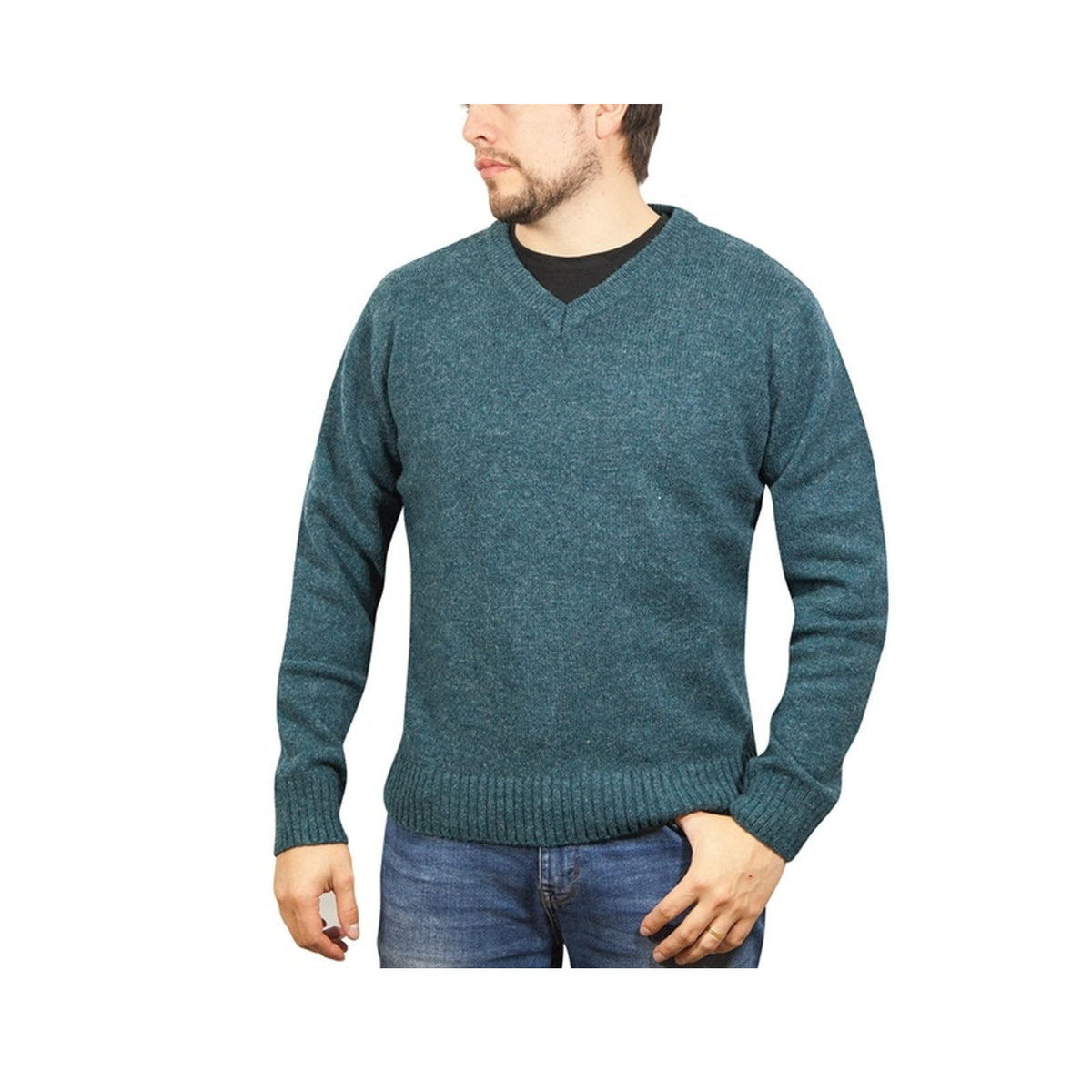 100% Shetland Ragg Wool V Neck Knit Jumper Pullover Mens Sweater Knitted - Sherwood - S