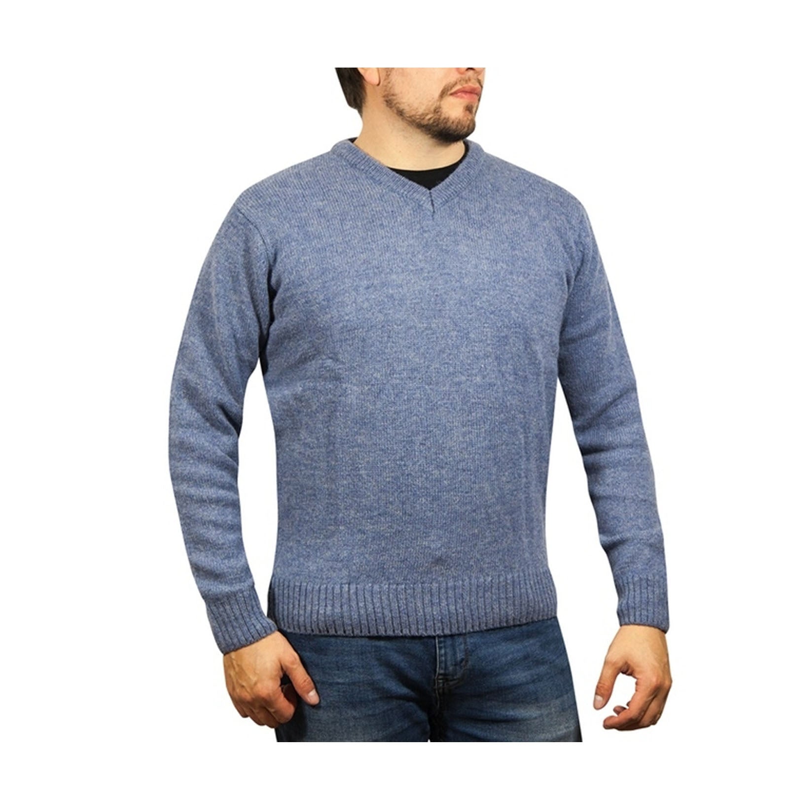 100% Shetland Ragg Wool V Neck Knit Jumper Pullover Mens Sweater Knitted - Sky - M