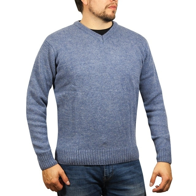 100% Shetland Ragg Wool V Neck Knit Jumper Pullover Mens Sweater Knitted - Sky - M