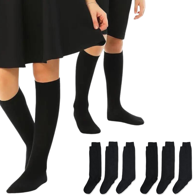 6x Pairs School Uniform Knee Socks Cotton Rich Girls Black 12 Years Old 6-11