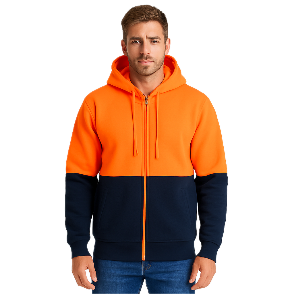 HI VIS Jumper Full Zip Hoodie Safety Workwear Fleecy Fleece Jacket Hooded in Orange/Navy - S