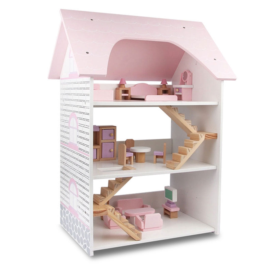 Wooden DIY Dolls Doll House 3 Level Kids Pretend Play - Full Furniture Set Pink