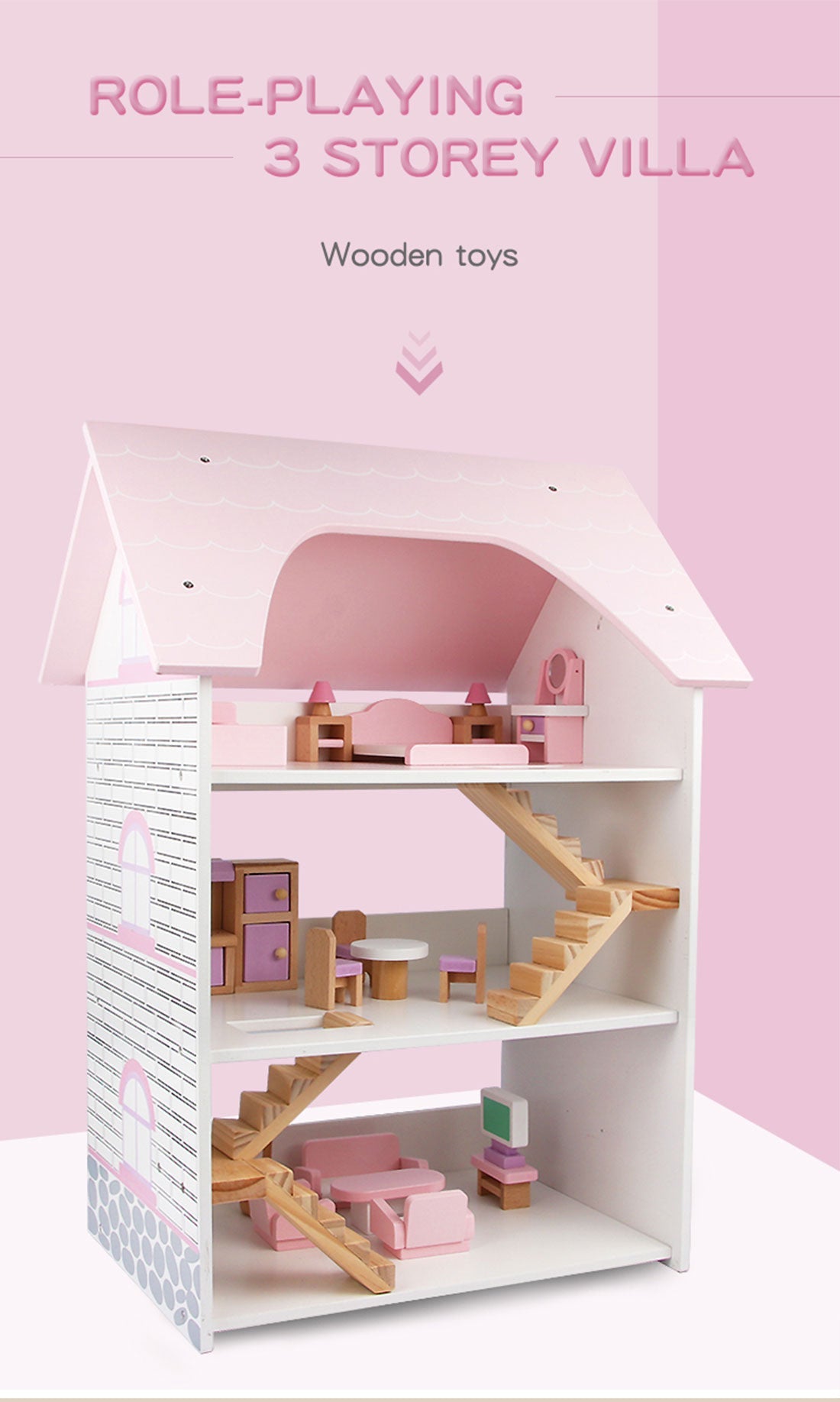 Wooden DIY Dolls Doll House 3 Level Kids Pretend Play - Full Furniture Set Pink