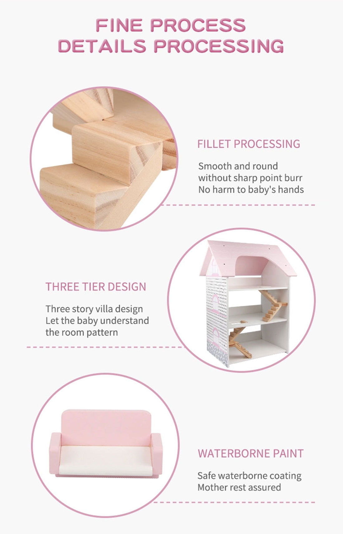 Wooden DIY Dolls Doll House 3 Level Kids Pretend Play - Full Furniture Set Pink