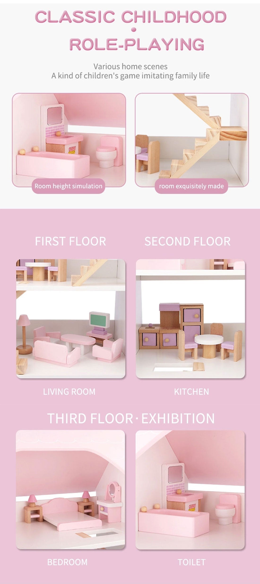Wooden DIY Dolls Doll House 3 Level Kids Pretend Play - Full Furniture Set Pink