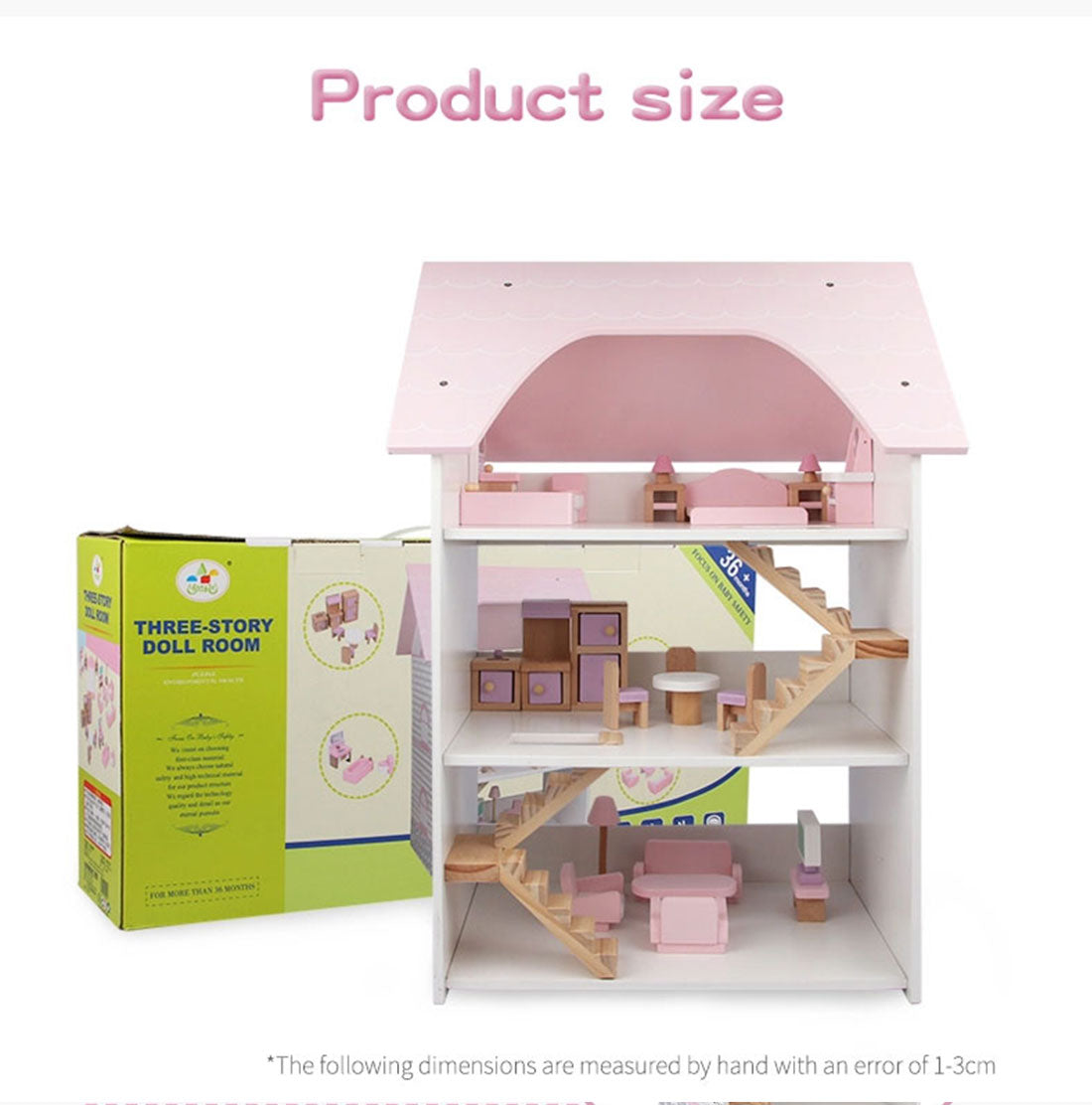 Wooden DIY Dolls Doll House 3 Level Kids Pretend Play - Full Furniture Set Pink