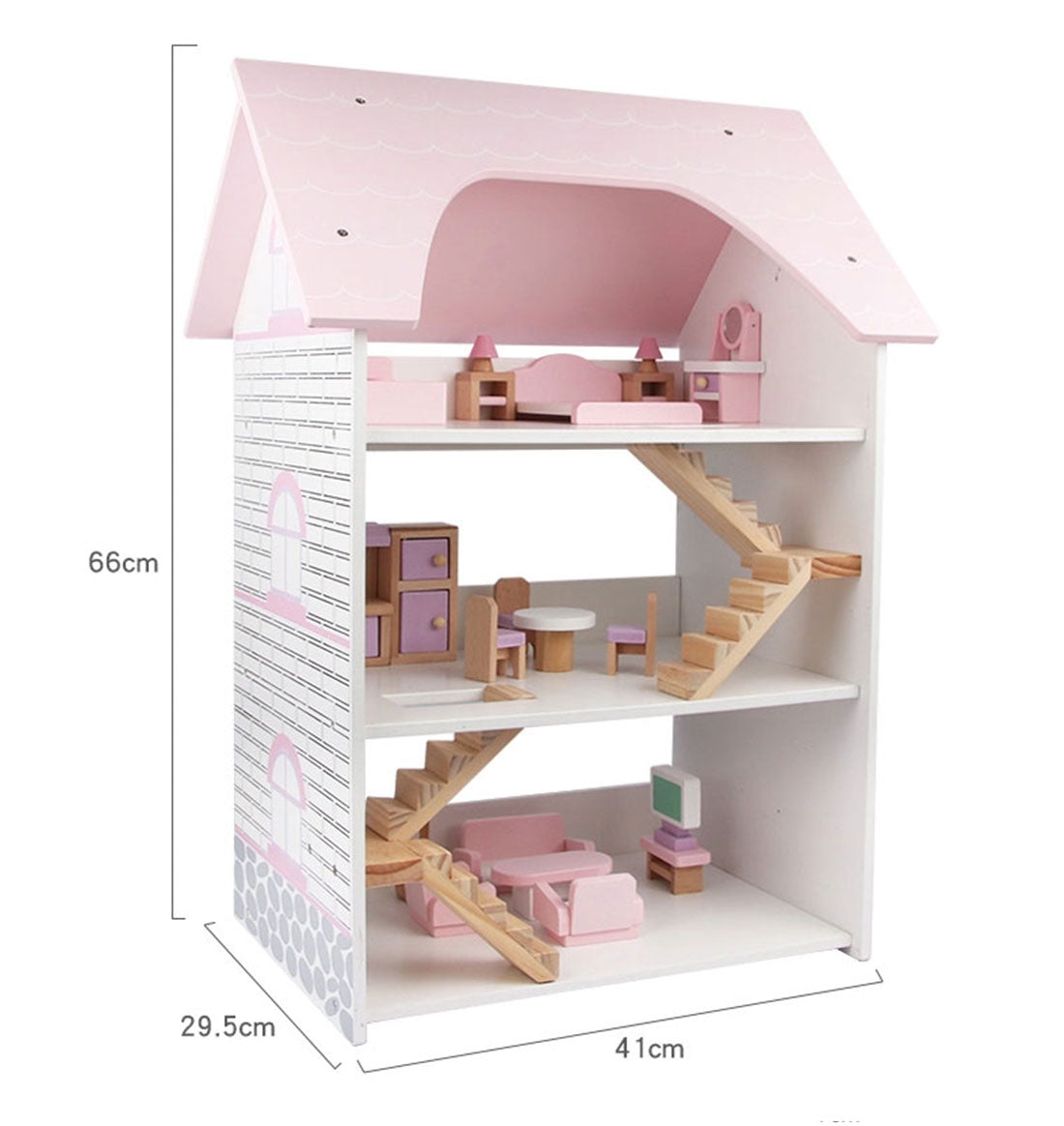 Wooden DIY Dolls Doll House 3 Level Kids Pretend Play - Full Furniture Set Pink