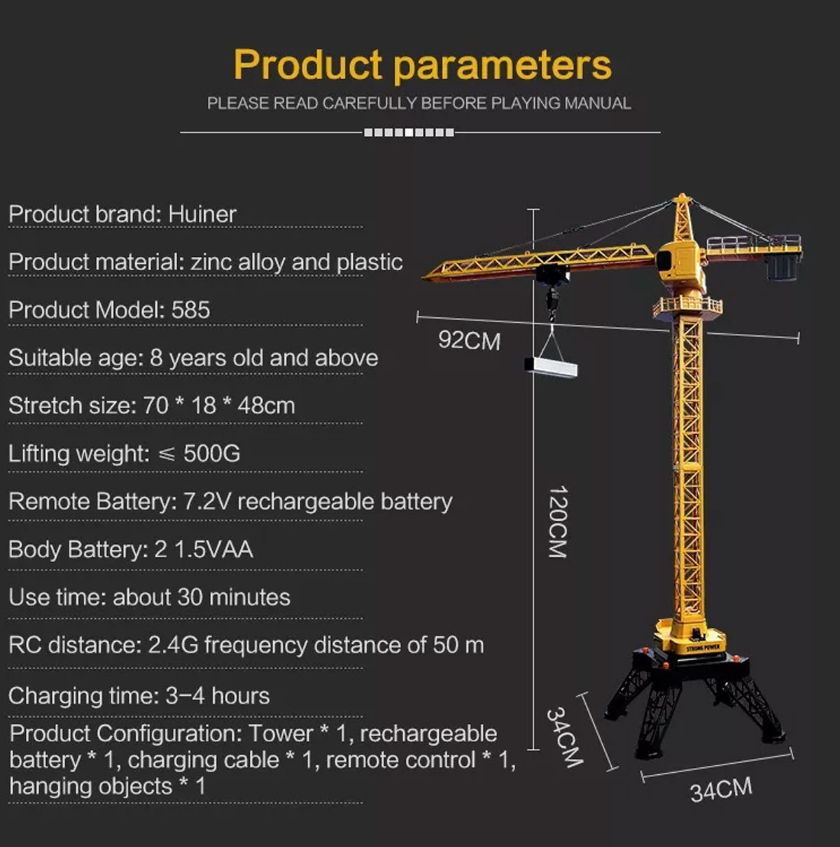 HUINA 1/14 12CH RC Alloy Tower Crane Engineering Construction Vehicle - Vehicle