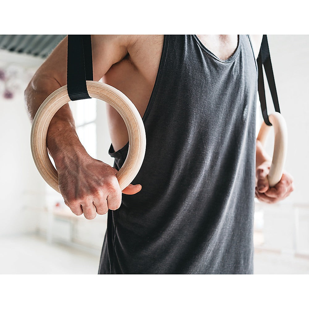 Birch Wood Gymnastic Rings with Adjustable Straps – Strength & Calisthenics Training