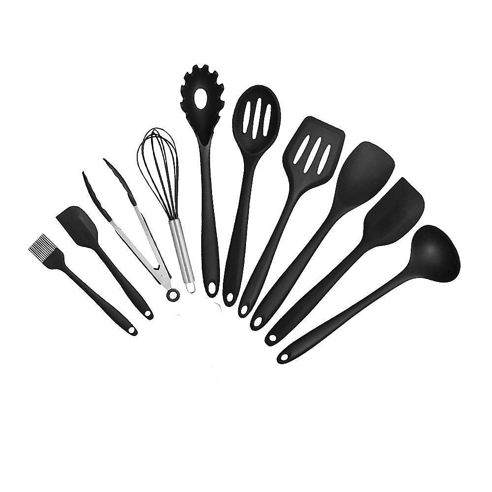 Silicone Kitchen Utensil Set – Black 11-Piece Set with Holder
