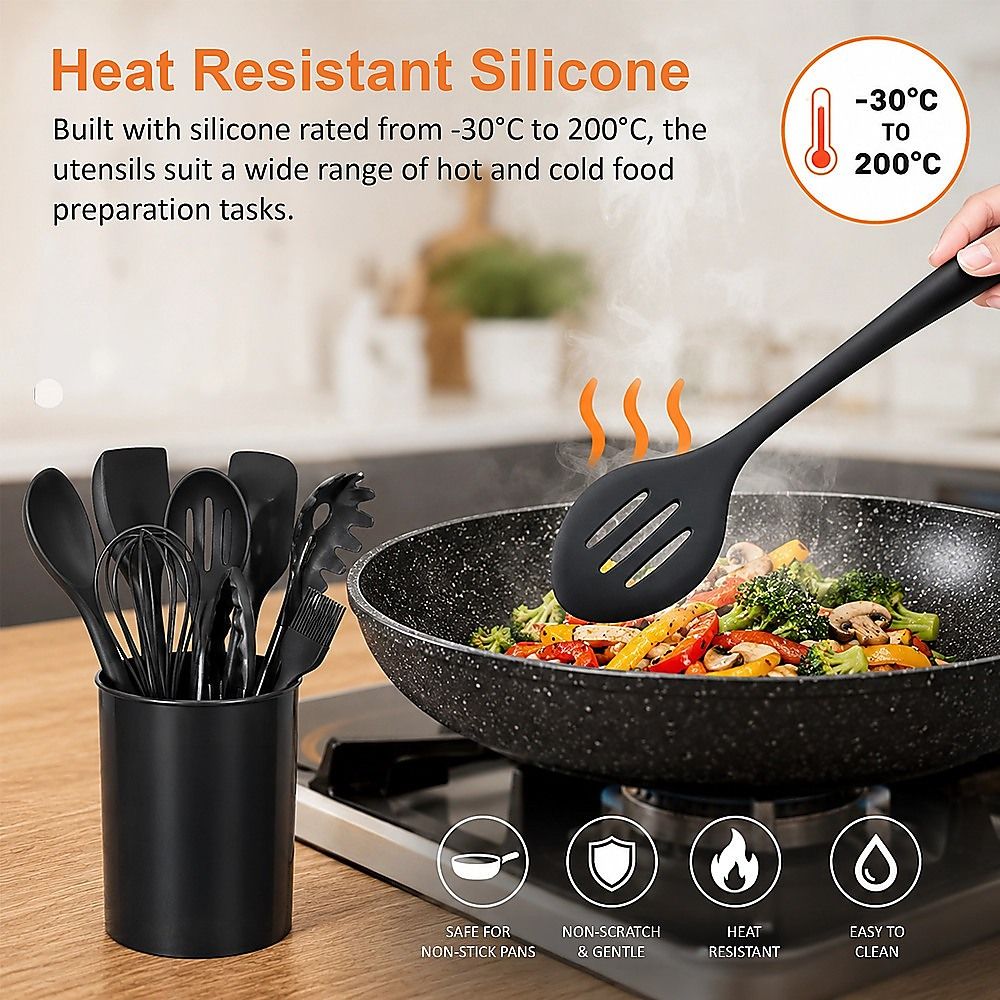 Silicone Kitchen Utensil Set – Black 11-Piece Set with Holder