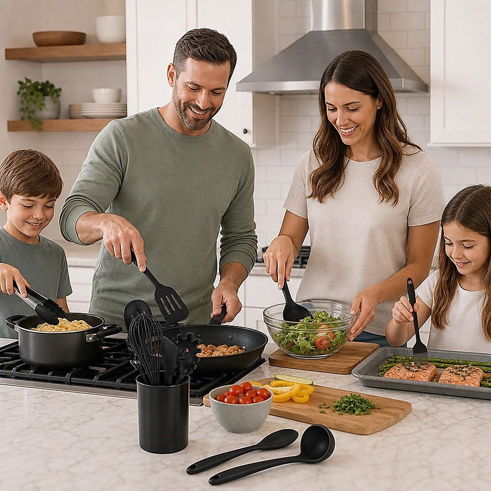 Silicone Kitchen Utensil Set – Black 11-Piece Set with Holder