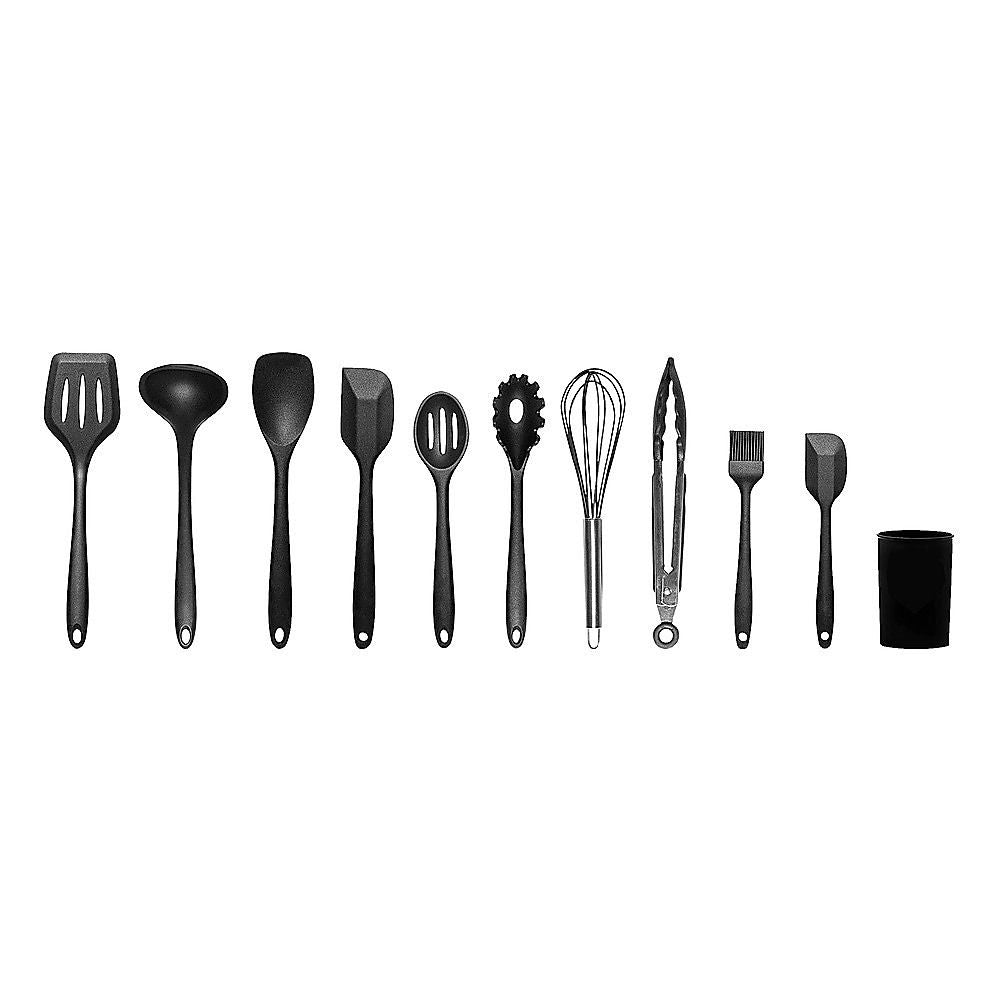 Silicone Kitchen Utensil Set – Black 11-Piece Set with Holder