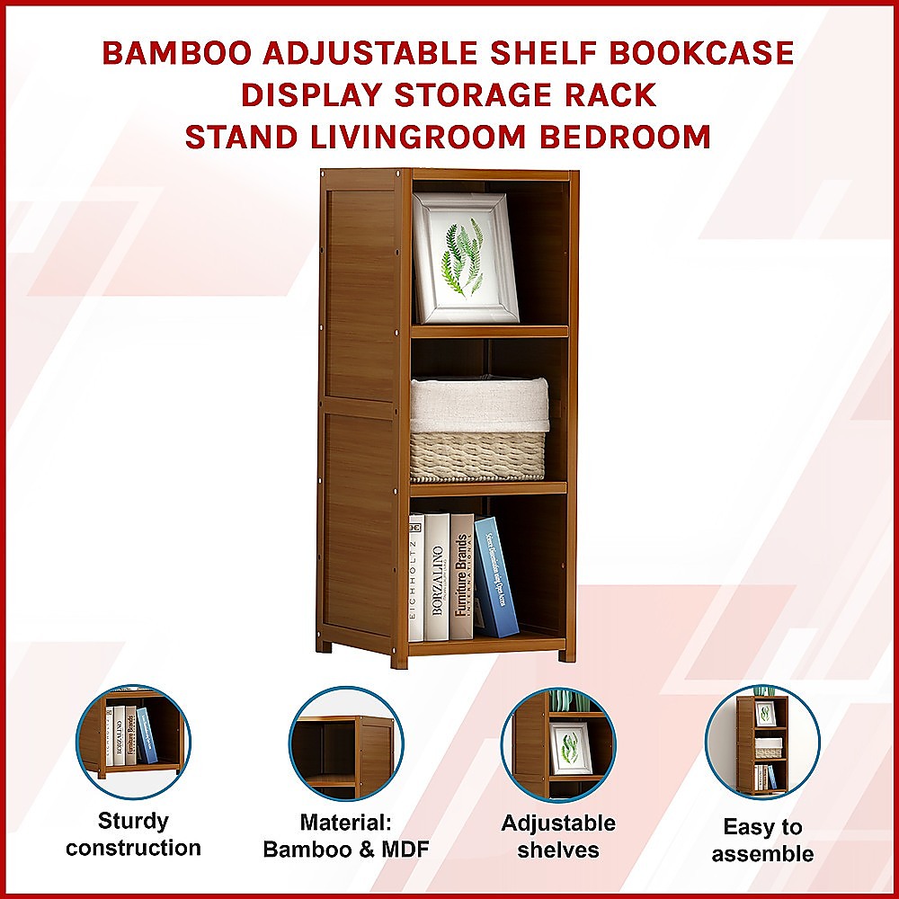 Bamboo Adjustable 3-Shelf Bookcase – Display Storage Rack Stand - V63-838201